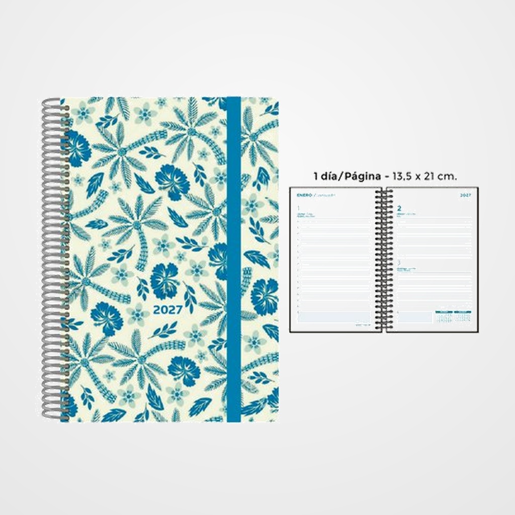 AGENDA ANUAL (2027) SENFORT DECORADA ESPIRAL tapa PP con GOMA 135x210 D/P PALMERAS AZUL