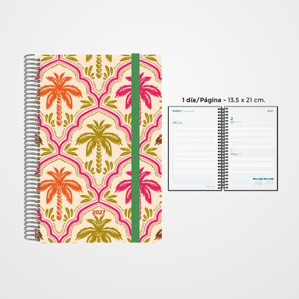 AGENDA ANUAL (2027) SENFORT DECORADA ESPIRAL tapa PP con GOMA 135x210 D/P PALMERAS COLOR