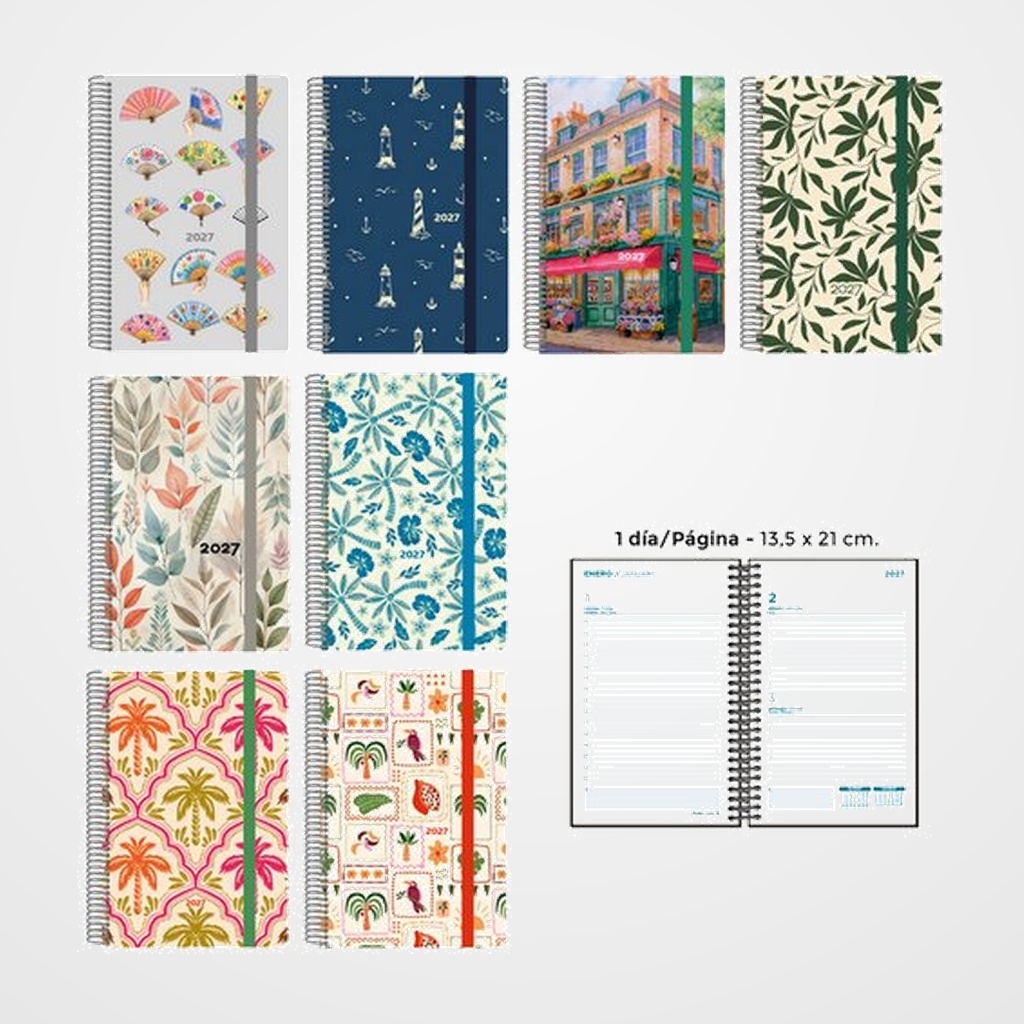 AGENDA ANUAL (2027) SENFORT DECORADA ESPIRAL tapa PP con GOMA 135x210 D/P SURTIDO DE 8