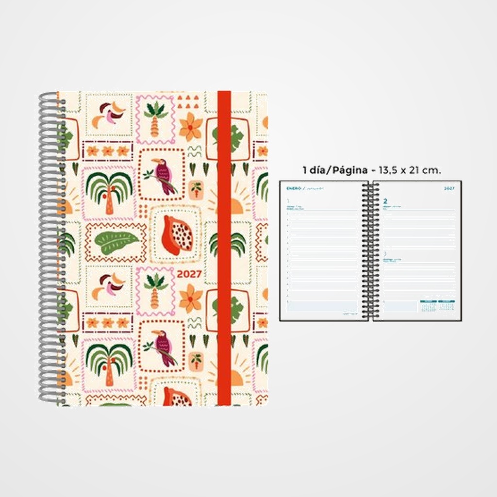 AGENDA ANUAL (2027) SENFORT DECORADA ESPIRAL tapa PP con GOMA 135x210 D/P TROPICAL