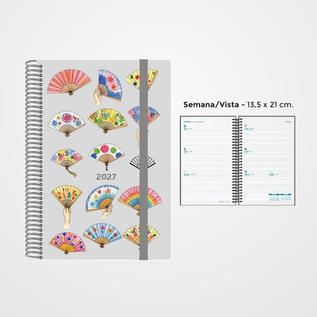 AGENDA ANUAL (2027) SENFORT DECORADA ESPIRAL tapa PP con GOMA 135x210 S/V ABANICOS