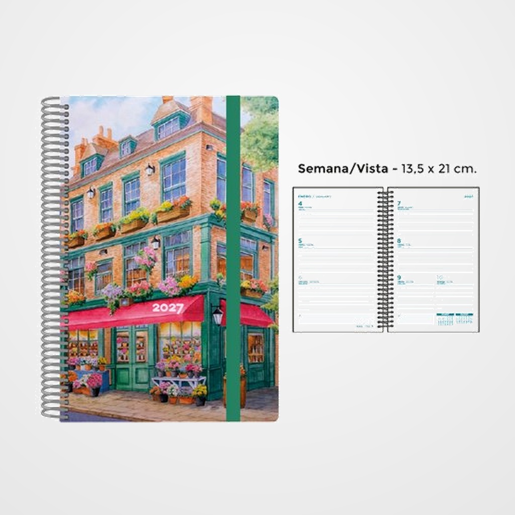 AGENDA ANUAL (2027) SENFORT DECORADA ESPIRAL tapa PP con GOMA 135x210 S/V FLORISTERIA