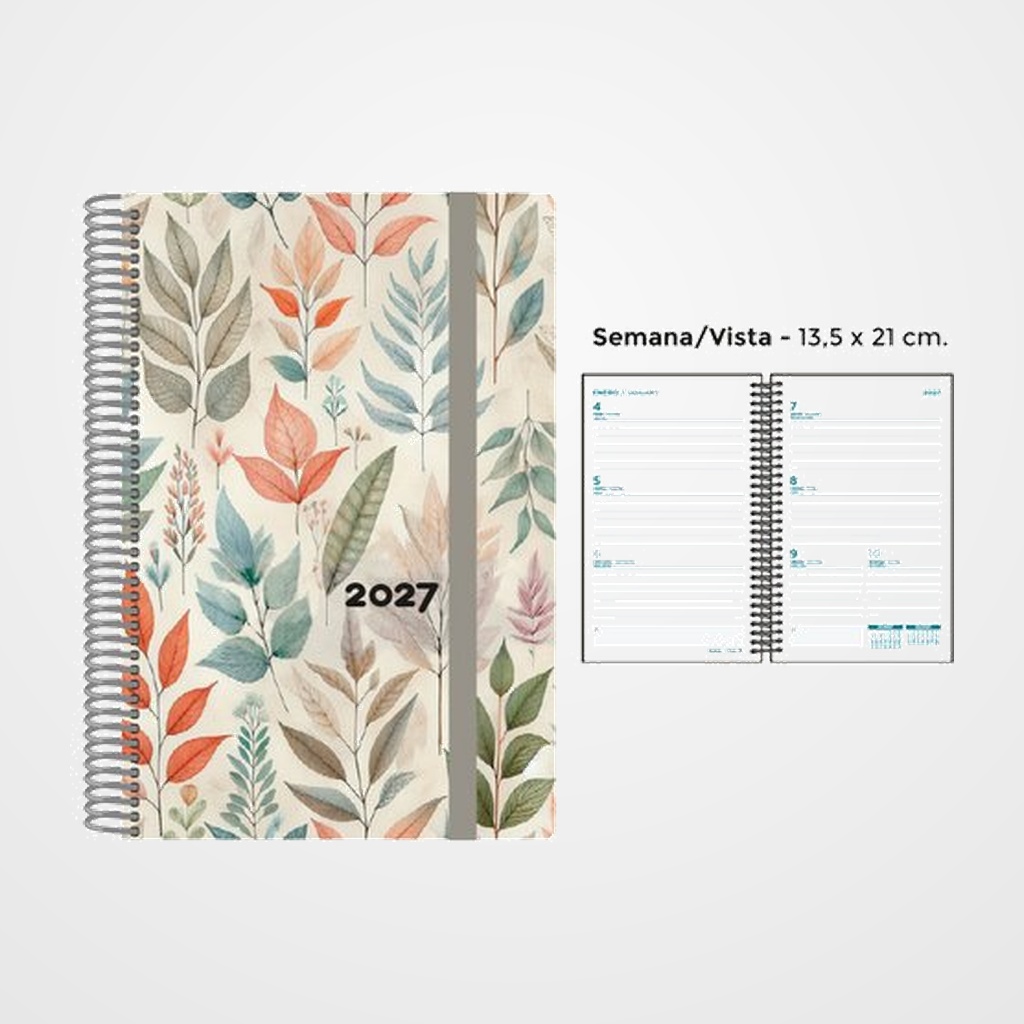 AGENDA ANUAL (2027) SENFORT DECORADA ESPIRAL tapa PP con GOMA 135x210 S/V HOJAS COLOR