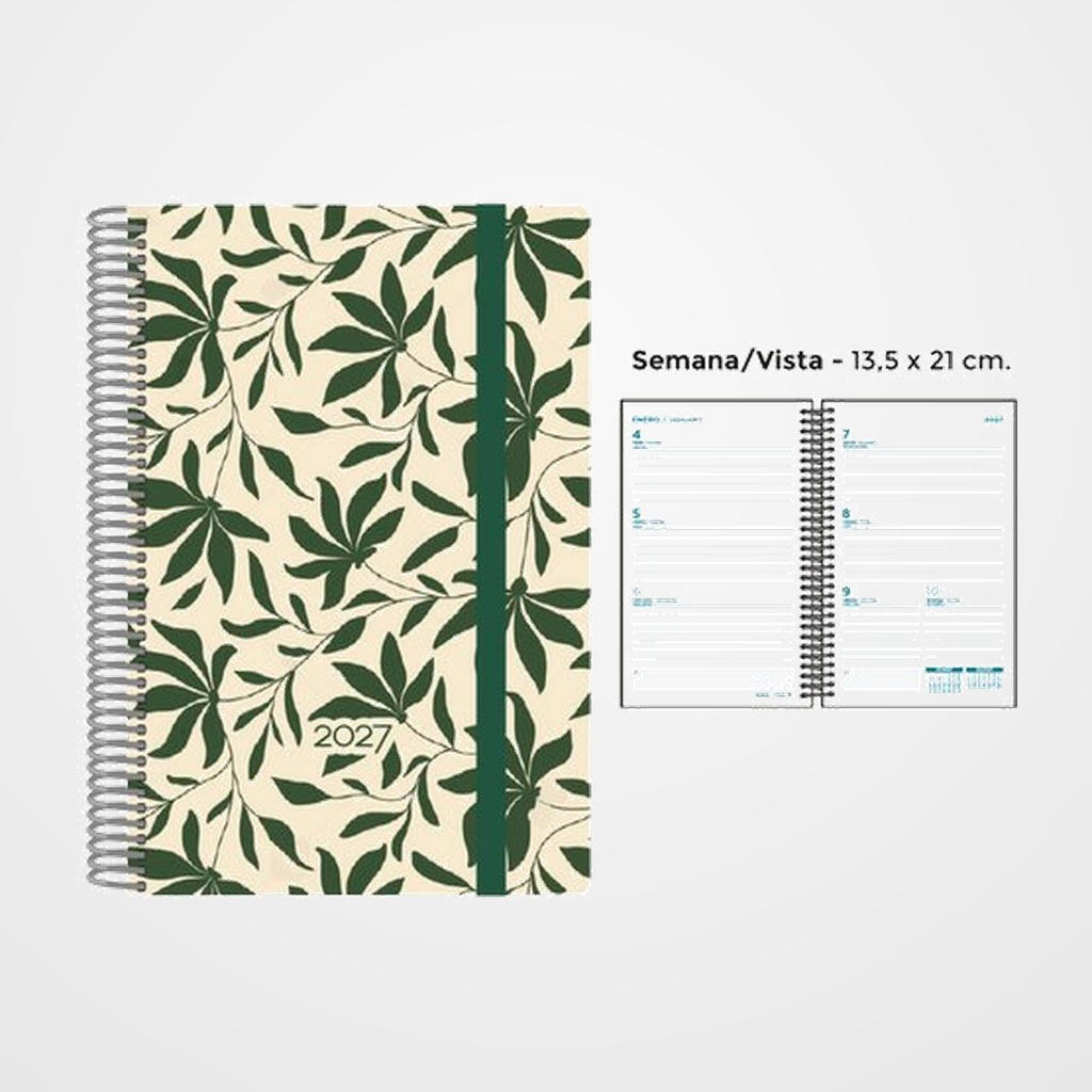 AGENDA ANUAL (2027) SENFORT DECORADA ESPIRAL tapa PP con GOMA 135x210 S/V HOJAS VERDES