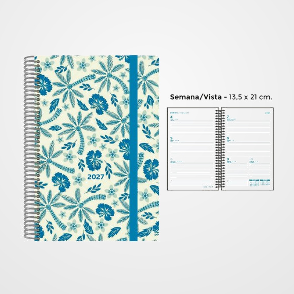 AGENDA ANUAL (2027) SENFORT DECORADA ESPIRAL tapa PP con GOMA 135x210 S/V PALMERAS AZUL