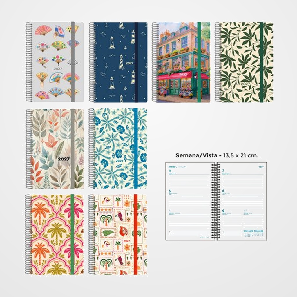 AGENDA ANUAL (2027) SENFORT DECORADA ESPIRAL tapa PP con GOMA 135x210 S/V SURTIDO DE 8