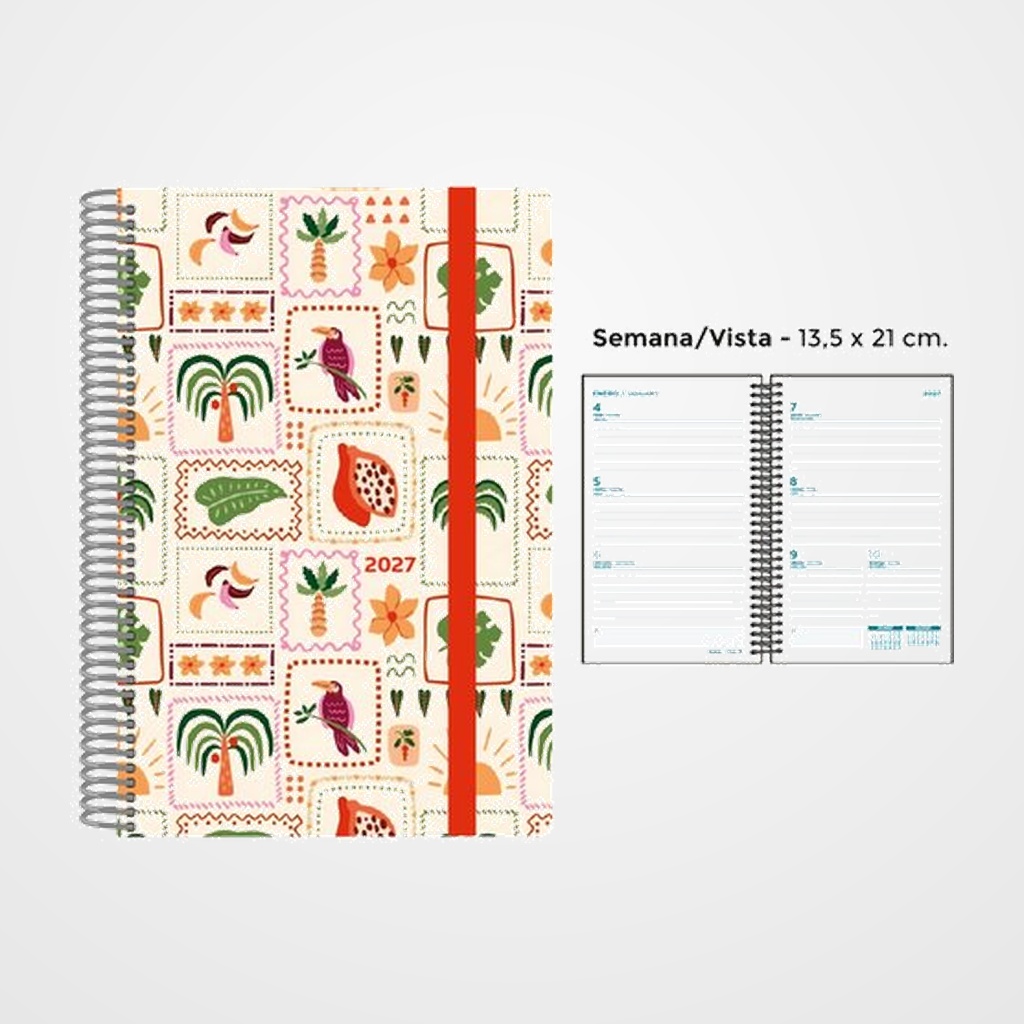 AGENDA ANUAL (2027) SENFORT DECORADA ESPIRAL tapa PP con GOMA 135x210 S/V TROPICAL