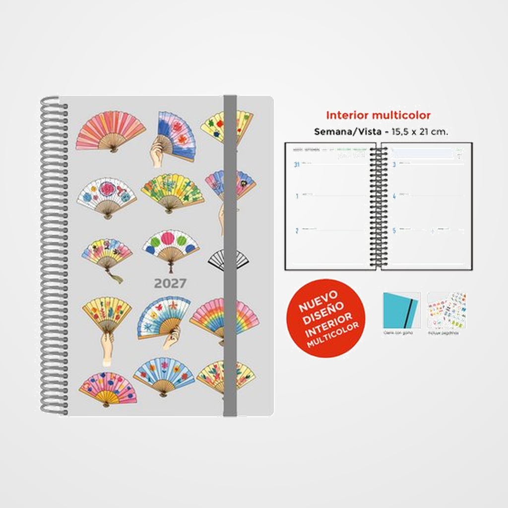 AGENDA ANUAL (2027) SENFORT DECORADA WIRE-O tapa EXTRA con GOMA 155x210 S/V ABANICOS