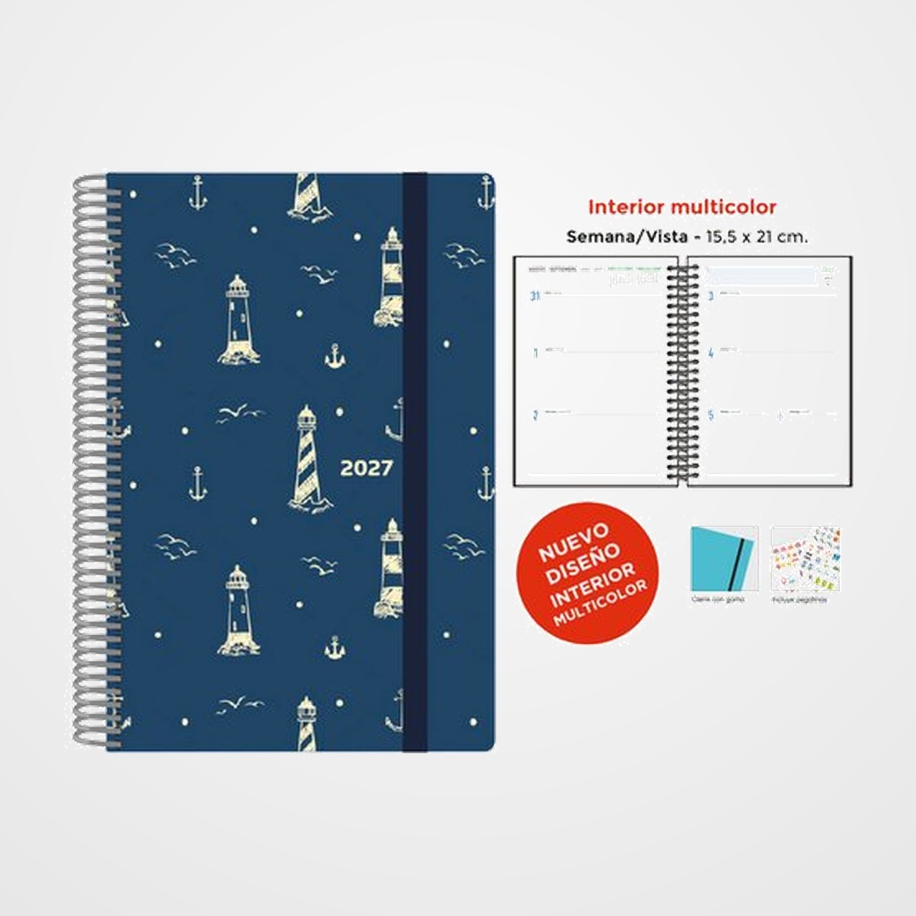 AGENDA ANUAL (2027) SENFORT DECORADA WIRE-O tapa EXTRA con GOMA 155x210 S/V FARO