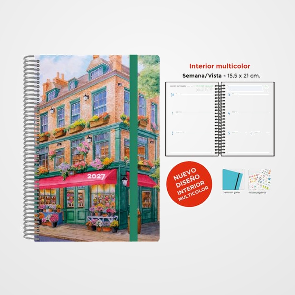 AGENDA ANUAL (2027) SENFORT DECORADA WIRE-O tapa EXTRA con GOMA 155x210 S/V FLORISTERIA