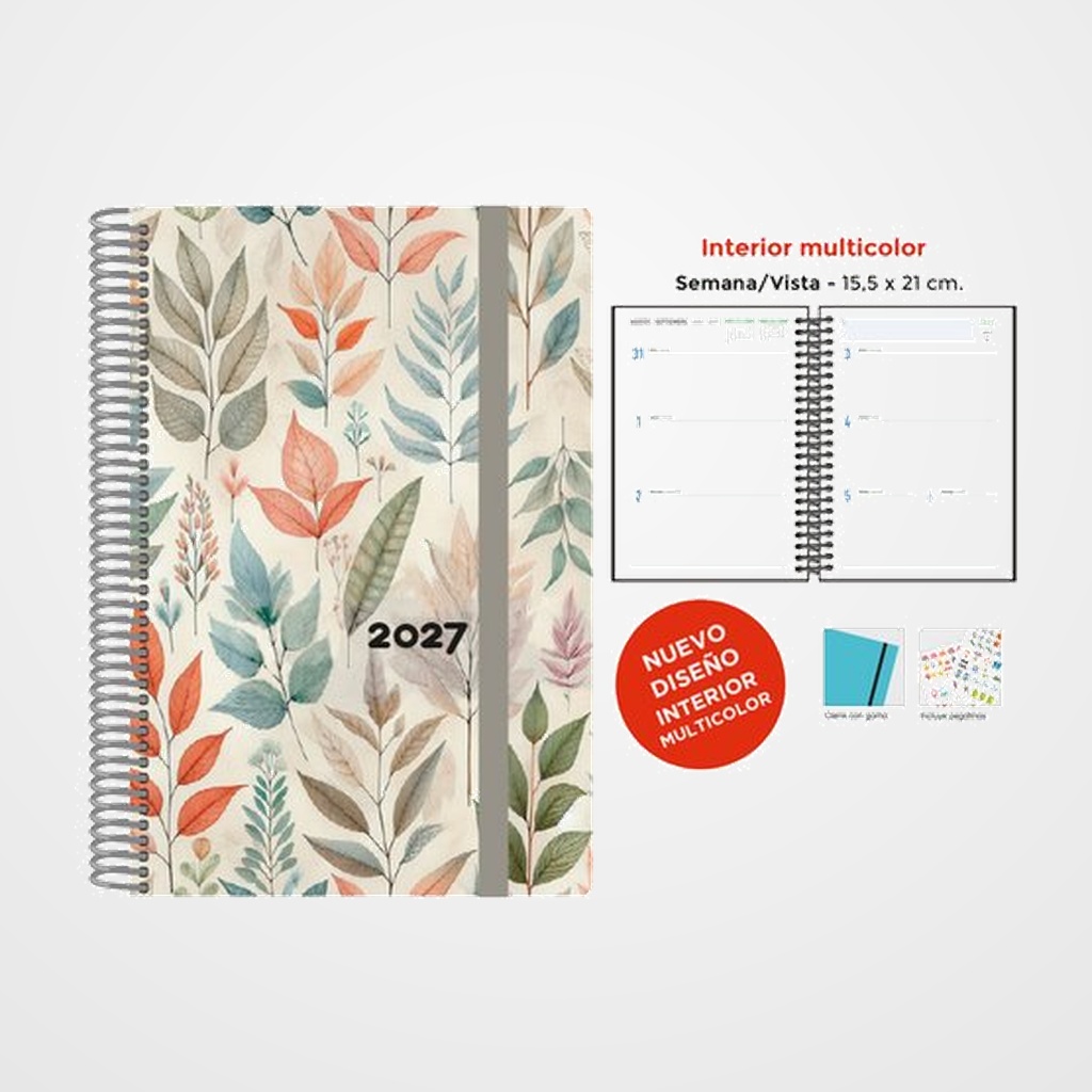 AGENDA ANUAL (2027) SENFORT DECORADA WIRE-O tapa EXTRA con GOMA 155x210 S/V HOJAS COLOR