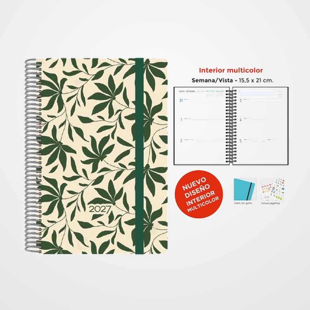 AGENDA ANUAL (2027) SENFORT DECORADA WIRE-O tapa EXTRA con GOMA 155x210 S/V HOJAS VERDES