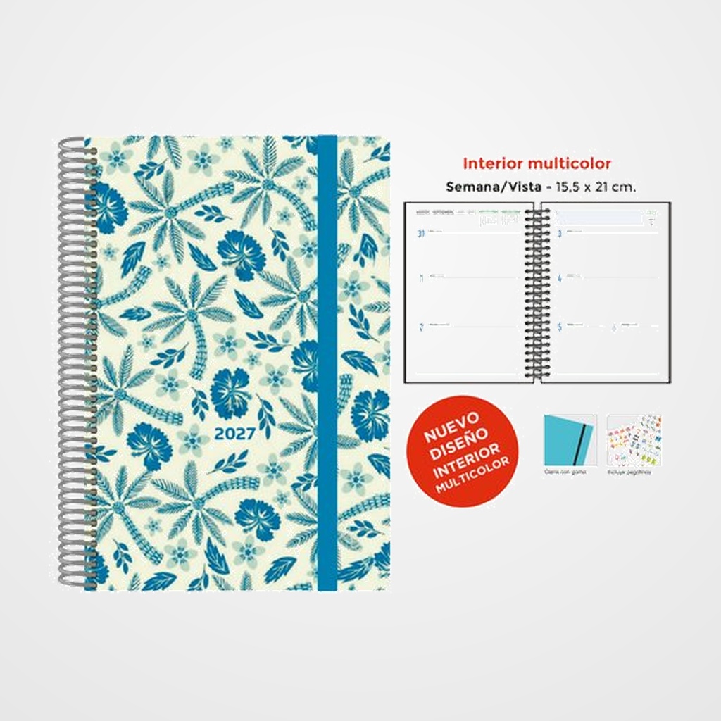 AGENDA ANUAL (2027) SENFORT DECORADA WIRE-O tapa EXTRA con GOMA 155x210 S/V PALMERAS AZUL