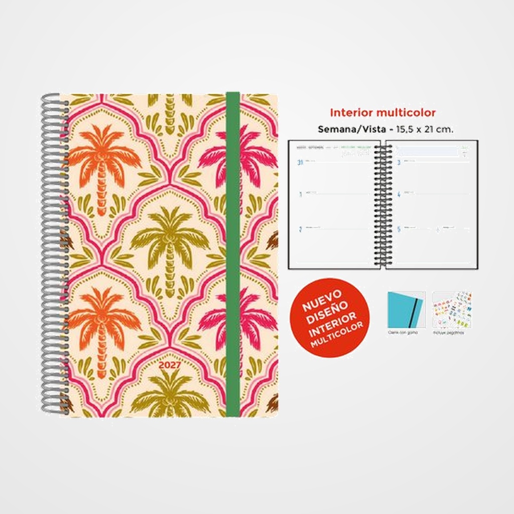 AGENDA ANUAL (2027) SENFORT DECORADA WIRE-O tapa EXTRA con GOMA 155x210 S/V PALMERAS COLOR