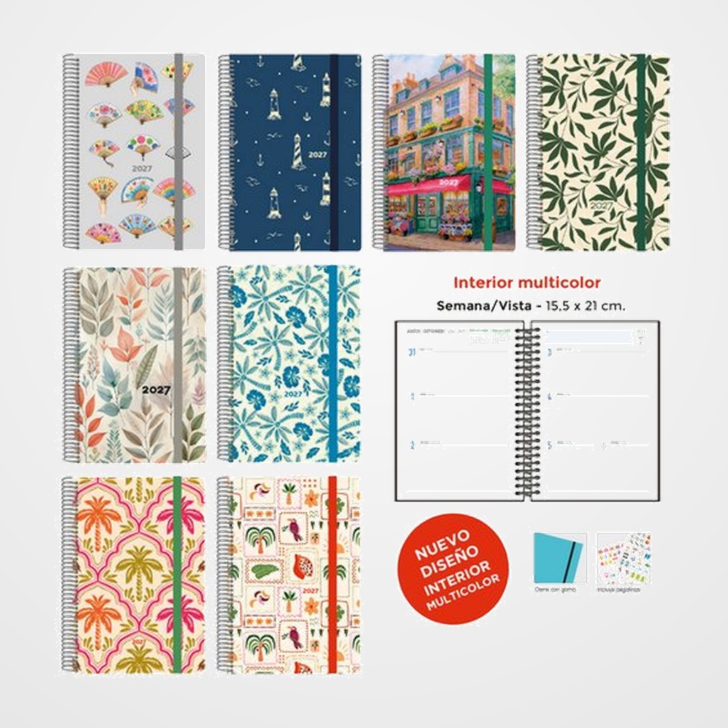 AGENDA ANUAL (2027) SENFORT DECORADA WIRE-O tapa EXTRA con GOMA 155x210 S/V SURTIDO DE 8