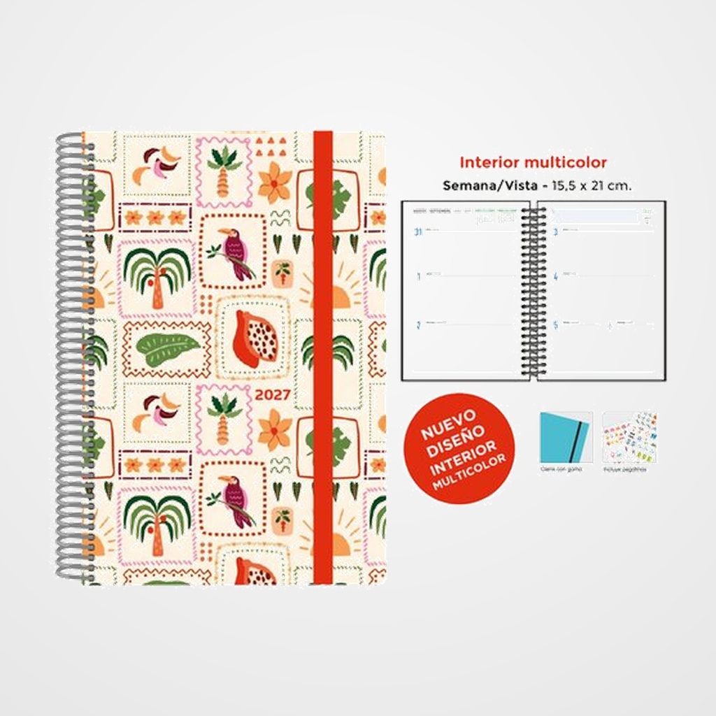 AGENDA ANUAL (2027) SENFORT DECORADA WIRE-O tapa EXTRA con GOMA 155x210 S/V TROPICAL