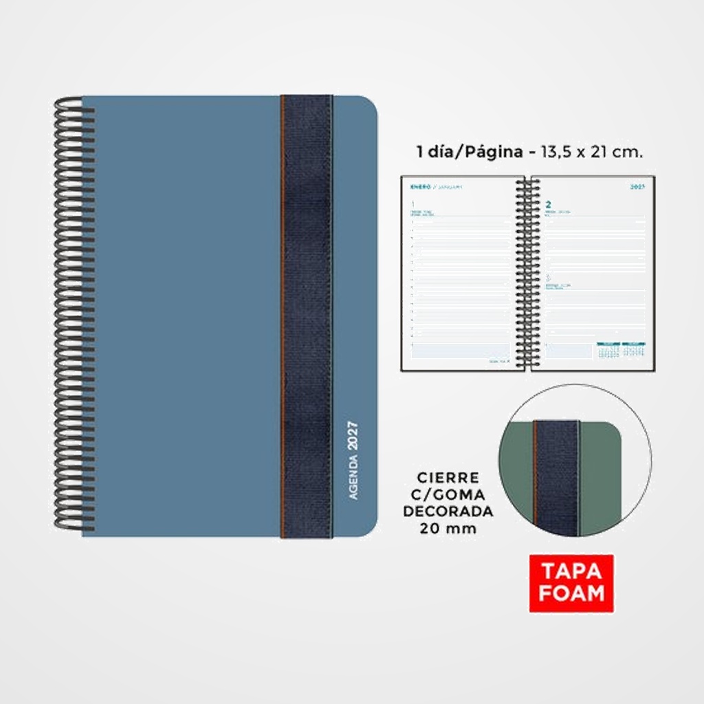 AGENDA ANUAL (2027) SENFORT FOAM SEOUL ESPIRAL tapa PP FOAM con GOMA 135x210 D/P AZUL PLOMO