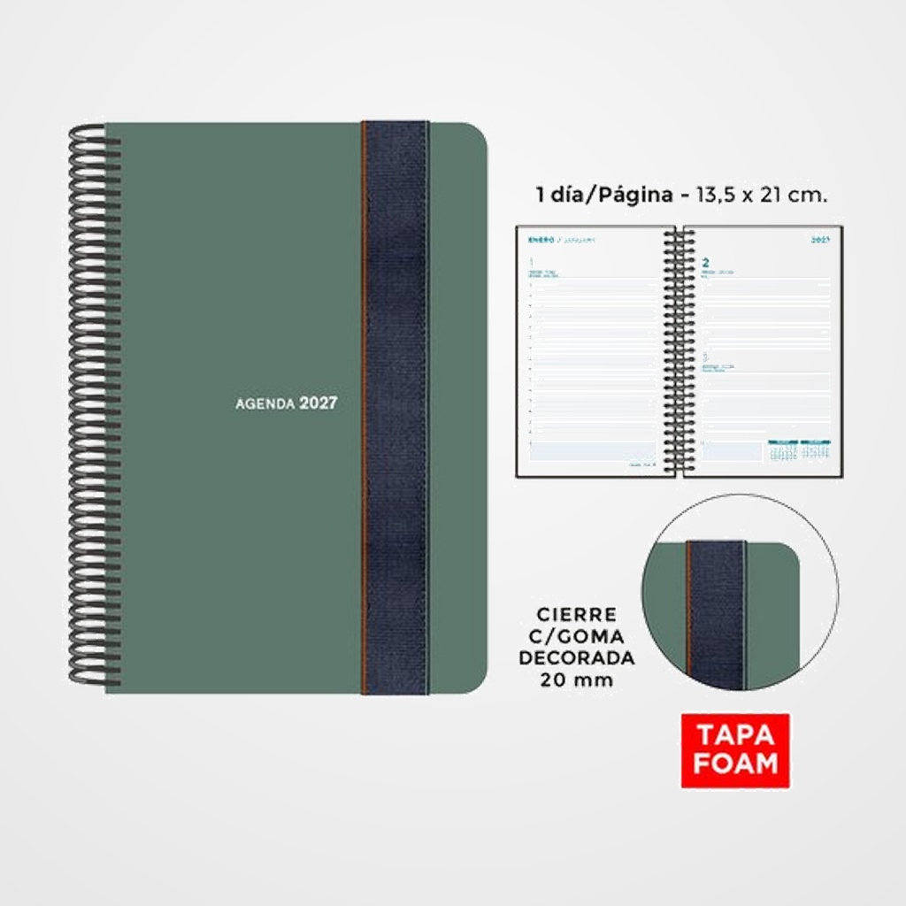 AGENDA ANUAL (2027) SENFORT FOAM SEOUL ESPIRAL tapa PP FOAM con GOMA 135x210 D/P VERDE
