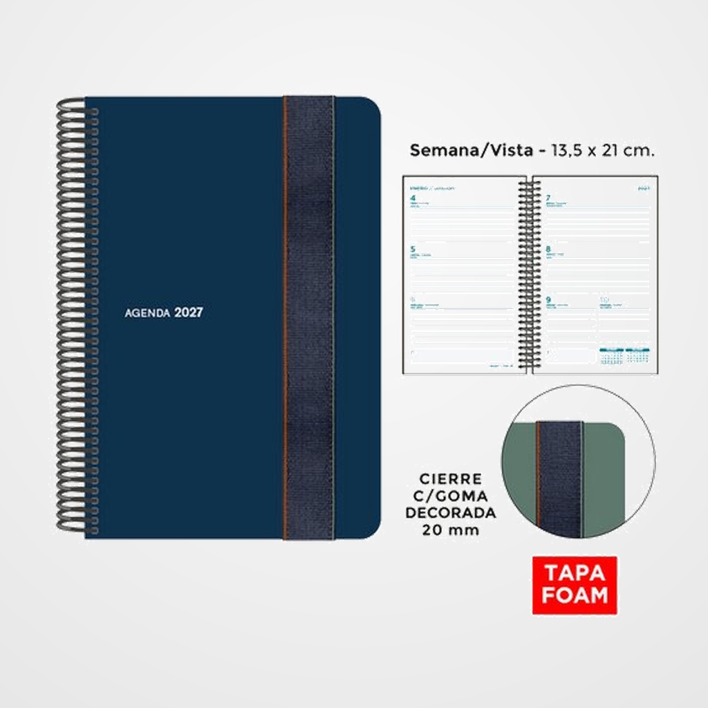 AGENDA ANUAL (2027) SENFORT FOAM SEOUL ESPIRAL tapa PP FOAM con GOMA 135x210 S/V AZUL