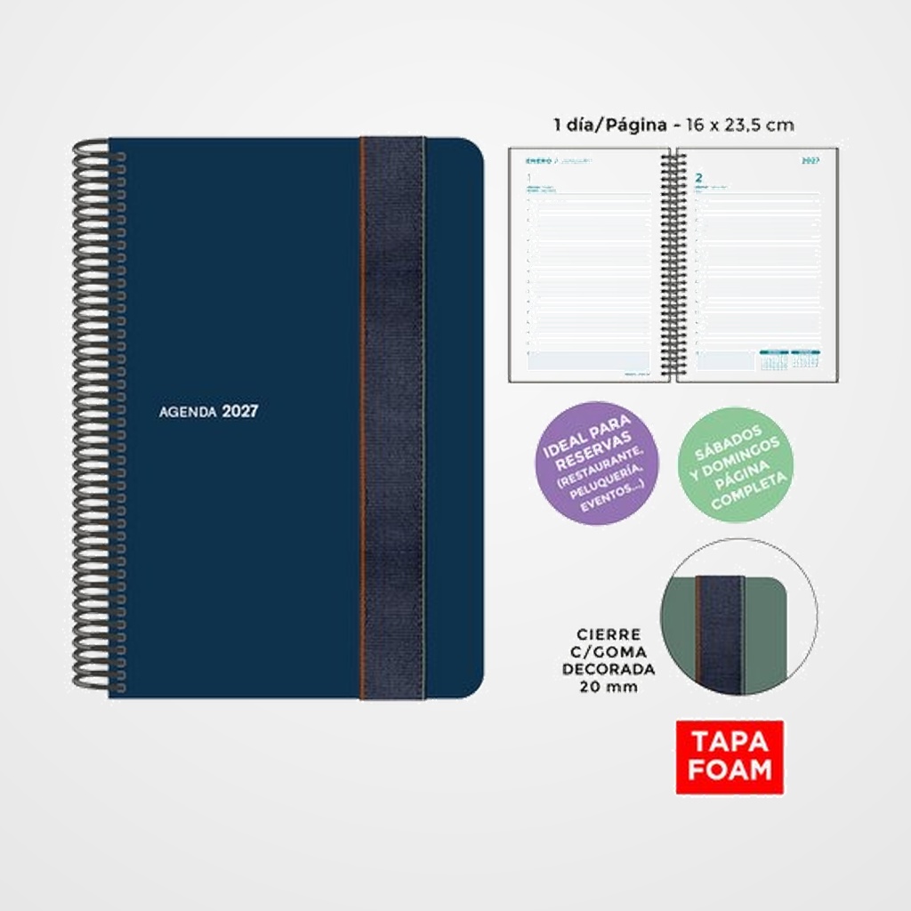 AGENDA ANUAL (2027) SENFORT FOAM SEOUL ESPIRAL tapa PP FOAM con GOMA 160x235 D/P AZUL