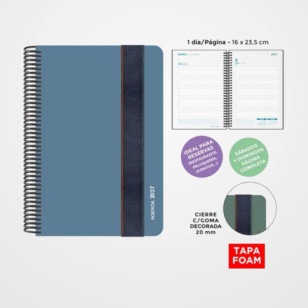 AGENDA ANUAL (2027) SENFORT FOAM SEOUL ESPIRAL tapa PP FOAM con GOMA 160x235 D/P AZUL PLOMO