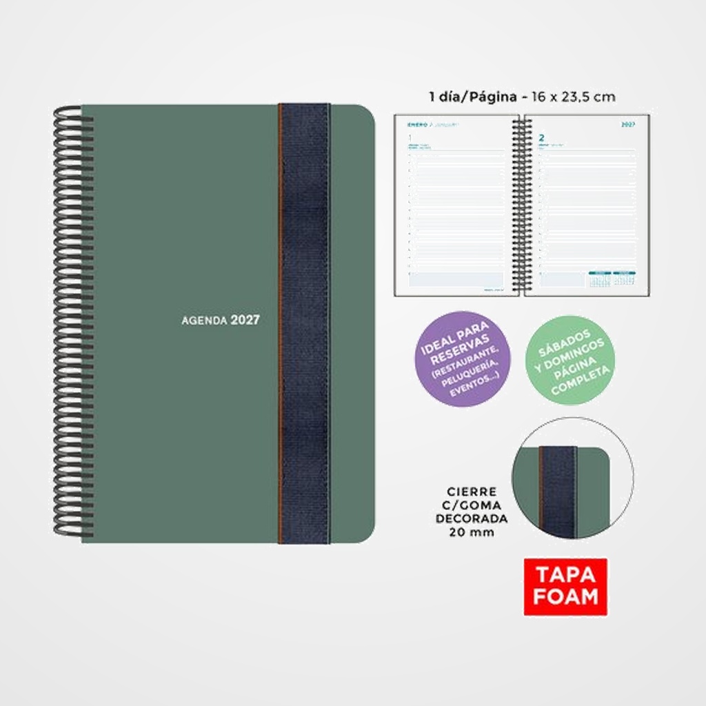 AGENDA ANUAL (2027) SENFORT FOAM SEOUL ESPIRAL tapa PP FOAM con GOMA 160x235 D/P VERDE