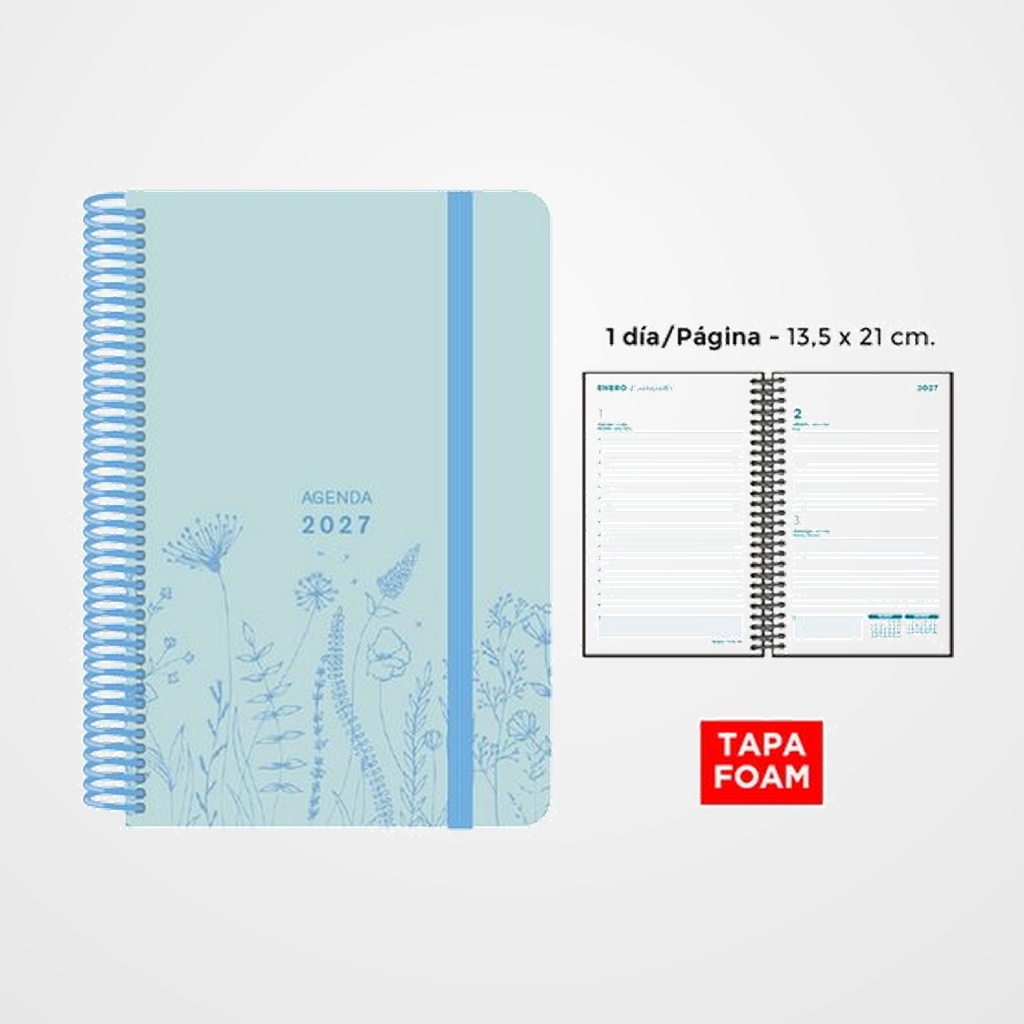 AGENDA ANUAL (2027) SENFORT FOAM SPRING ESPIRAL tapa PP FOAM con GOMA 135x210 D/P AZUL PASTEL