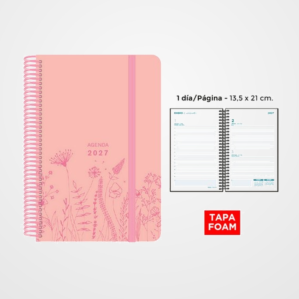 AGENDA ANUAL (2027) SENFORT FOAM SPRING ESPIRAL tapa PP FOAM con GOMA 135x210 D/P ROSA PASTEL