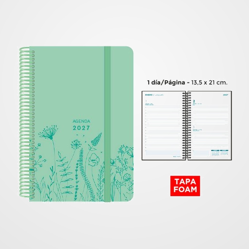 AGENDA ANUAL (2027) SENFORT FOAM SPRING ESPIRAL tapa PP FOAM con GOMA 135x210 D/P VERDE PASTEL