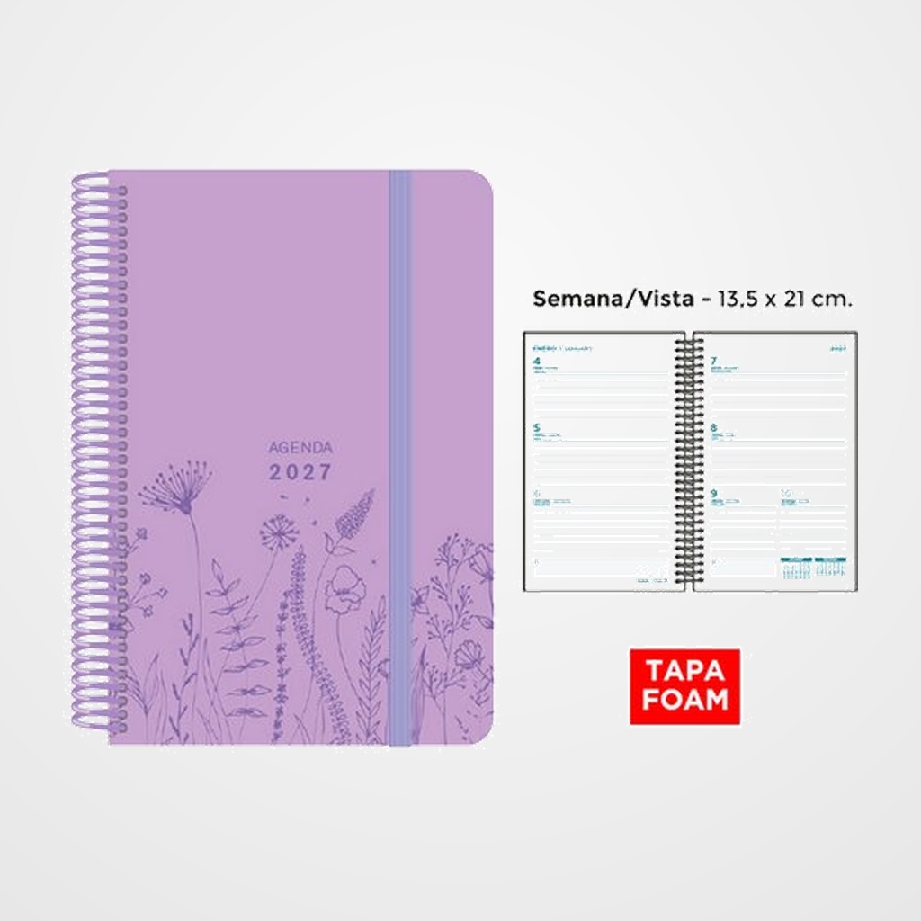 AGENDA ANUAL (2027) SENFORT FOAM SPRING ESPIRAL tapa PP FOAM con GOMA 135x210 S/V LILA PASTEL