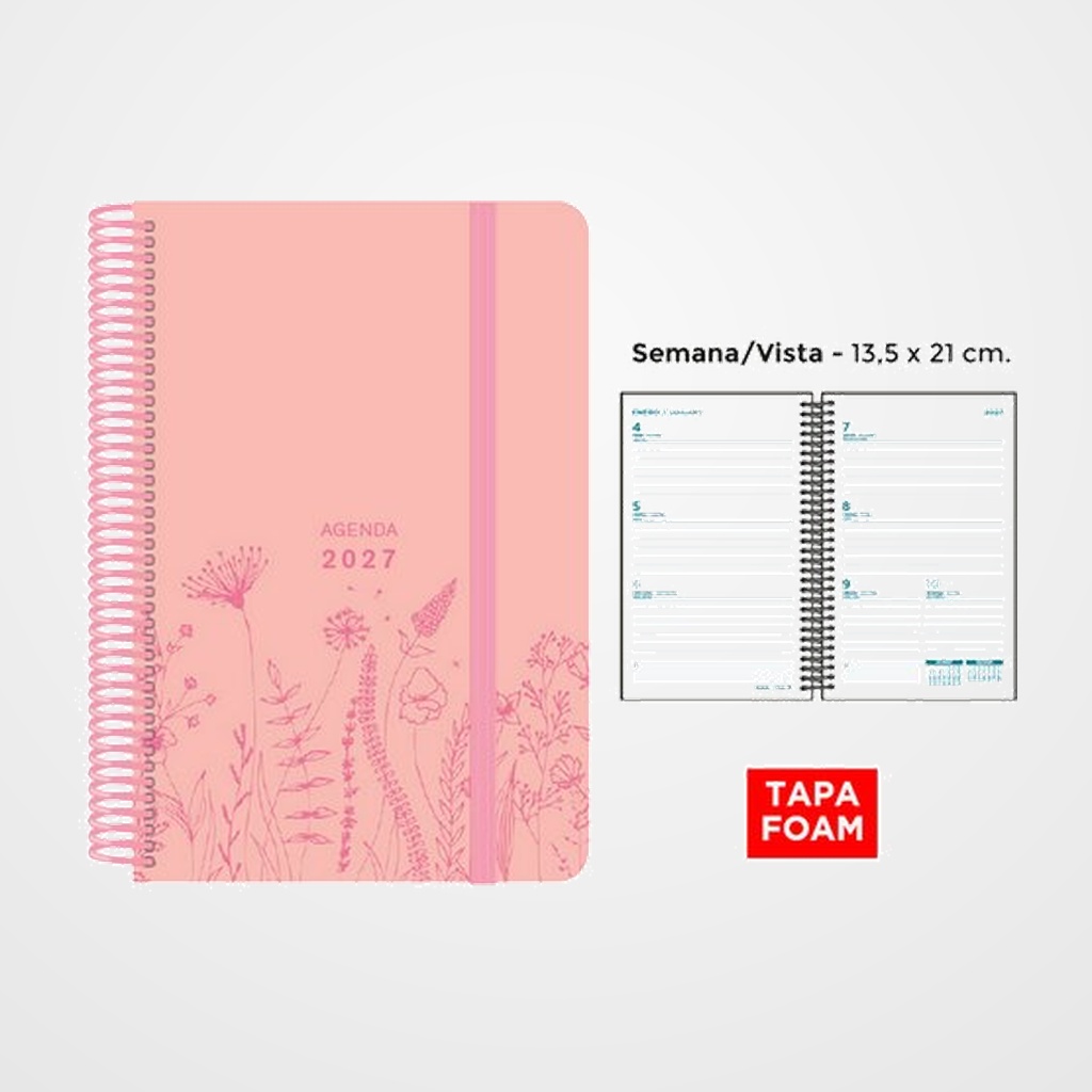 AGENDA ANUAL (2027) SENFORT FOAM SPRING ESPIRAL tapa PP FOAM con GOMA 135x210 S/V ROSA PASTEL
