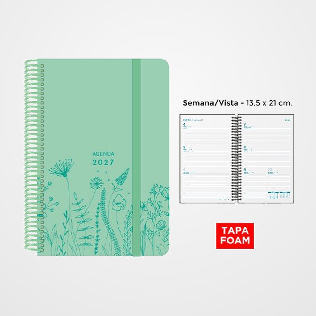 AGENDA ANUAL (2027) SENFORT FOAM SPRING ESPIRAL tapa PP FOAM con GOMA 135x210 S/V VERDE PASTEL