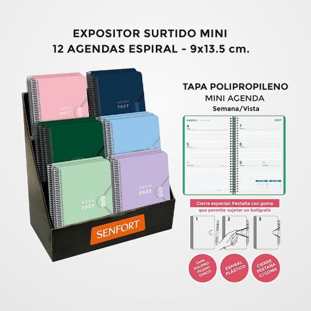 AGENDA ANUAL (2027) SENFORT MINI ESPIRAL S/V 90x135 SURTIDO EXPOSITOR DE 12