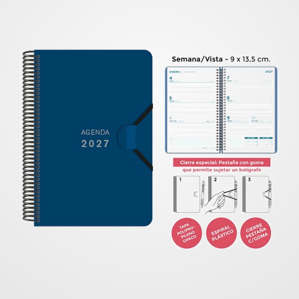 AGENDA ANUAL (2027) SENFORT MINI ESPIRAL tapa PP con GOMA 90x135 S/V AZUL OSCURO