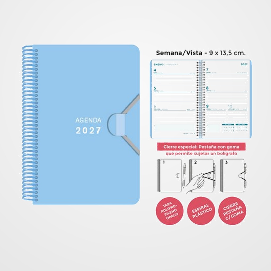 AGENDA ANUAL (2027) SENFORT MINI ESPIRAL tapa PP con GOMA 90x135 S/V AZUL PASTEL
