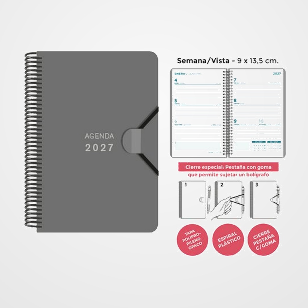AGENDA ANUAL (2027) SENFORT MINI ESPIRAL tapa PP con GOMA 90x135 S/V GRIS