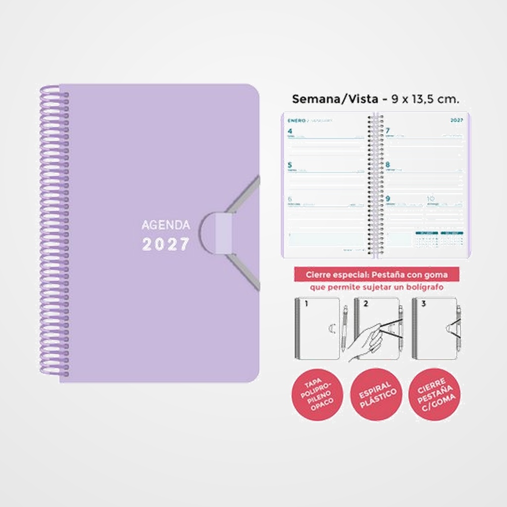 AGENDA ANUAL (2027) SENFORT MINI ESPIRAL tapa PP con GOMA 90x135 S/V LILA PASTEL
