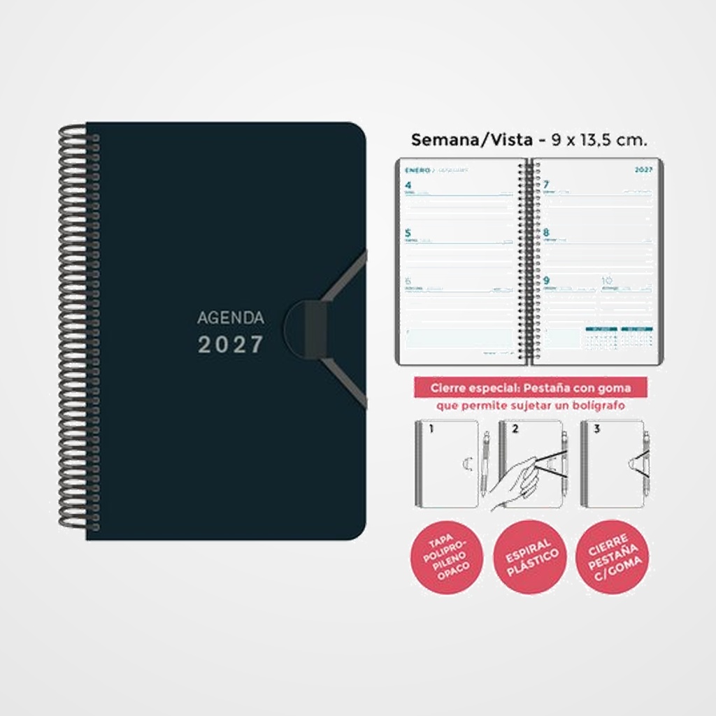 AGENDA ANUAL (2027) SENFORT MINI ESPIRAL tapa PP con GOMA 90x135 S/V NEGRO