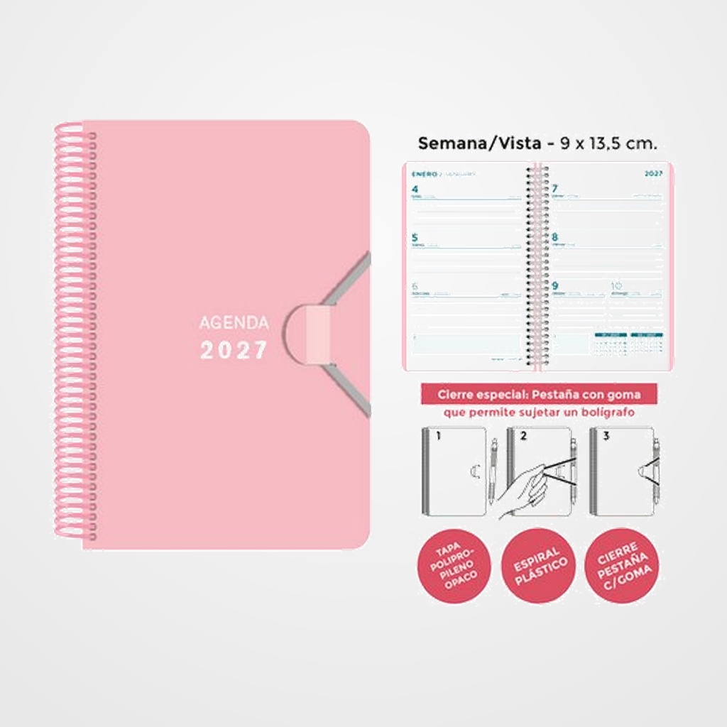 AGENDA ANUAL (2027) SENFORT MINI ESPIRAL tapa PP con GOMA 90x135 S/V ROSA PASTEL