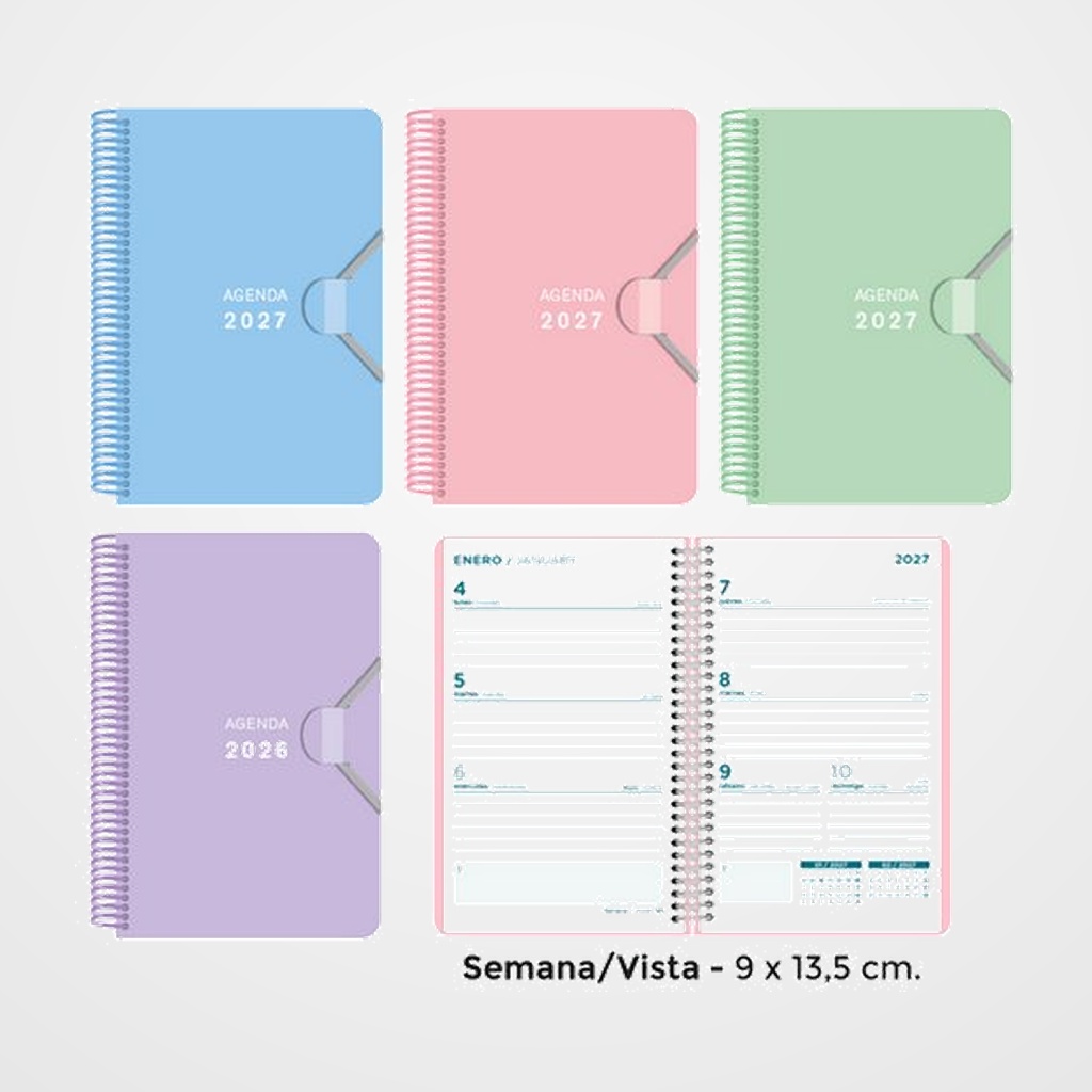 AGENDA ANUAL (2027) SENFORT MINI ESPIRAL tapa PP con GOMA 90x135 S/V SURTIDO PASTEL DE 4