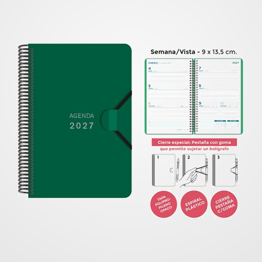 AGENDA ANUAL (2027) SENFORT MINI ESPIRAL tapa PP con GOMA 90x135 S/V VERDE OSCURO