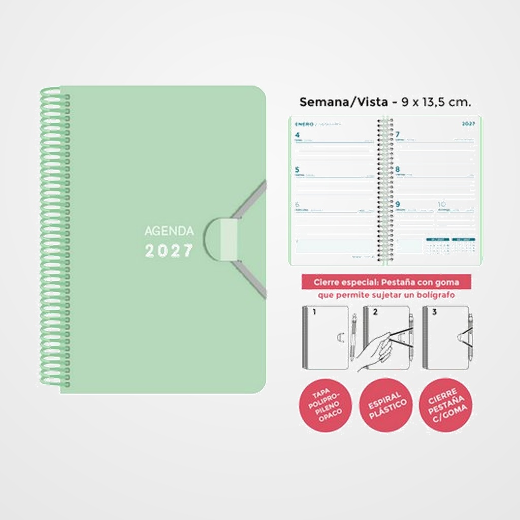 AGENDA ANUAL (2027) SENFORT MINI ESPIRAL tapa PP con GOMA 90x135 S/V VERDE PASTEL