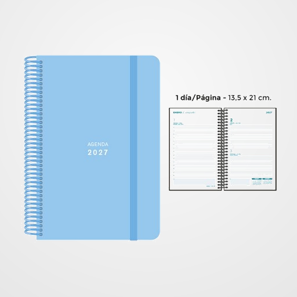 AGENDA ANUAL (2027) SENFORT PASTEL ESPIRAL tapa PP con GOMA 135x210 D/P AZUL