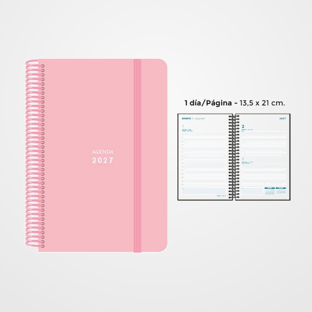 AGENDA ANUAL (2027) SENFORT PASTEL ESPIRAL tapa PP con GOMA 135x210 D/P ROSA