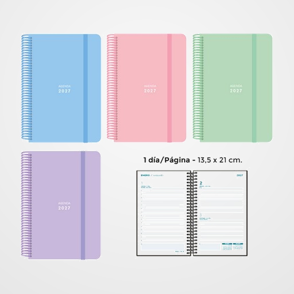 AGENDA ANUAL (2027) SENFORT PASTEL ESPIRAL tapa PP con GOMA 135x210 D/P SURTIDO DE 4
