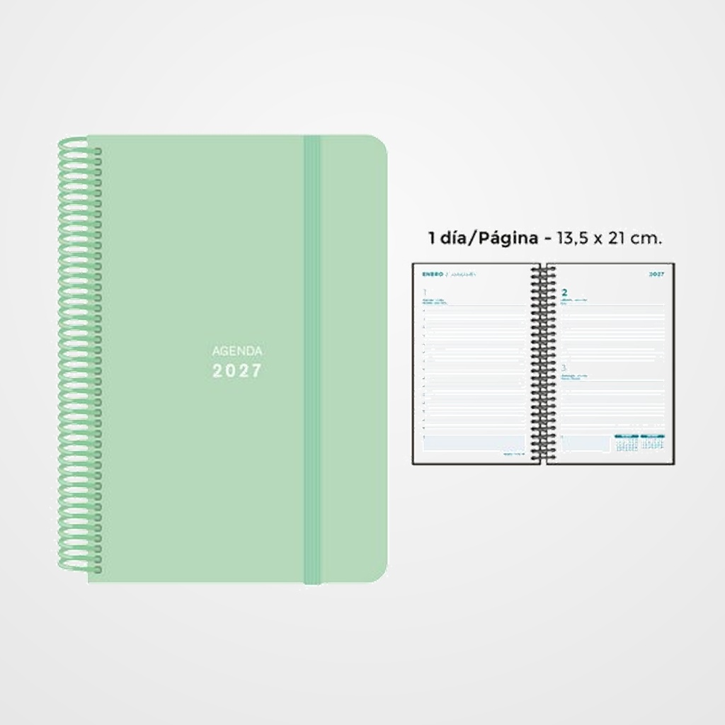 AGENDA ANUAL (2027) SENFORT PASTEL ESPIRAL tapa PP con GOMA 135x210 D/P VERDE
