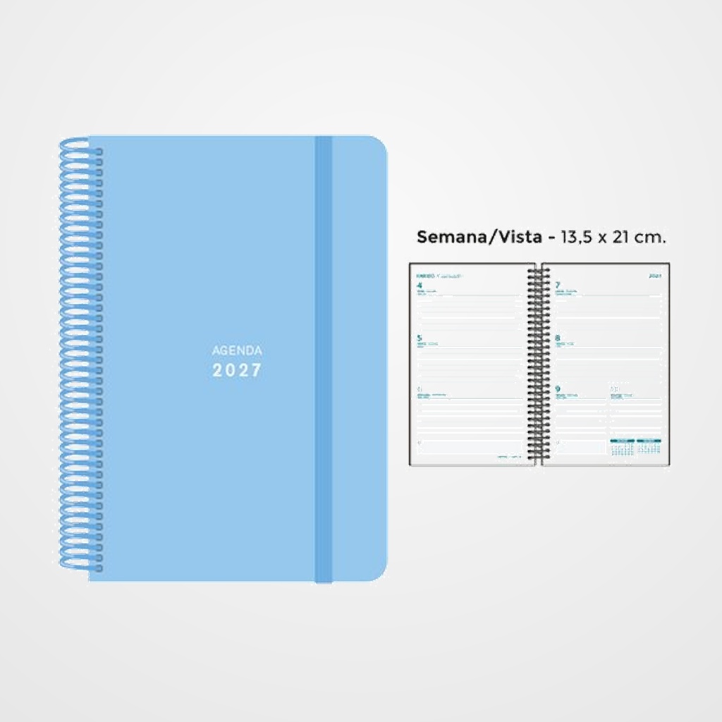 AGENDA ANUAL (2027) SENFORT PASTEL ESPIRAL tapa PP con GOMA 135x210 S/V AZUL