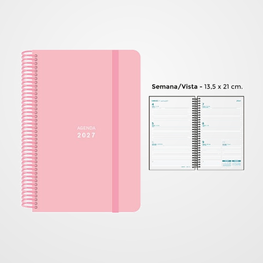 AGENDA ANUAL (2027) SENFORT PASTEL ESPIRAL tapa PP con GOMA 135x210 S/V ROSA