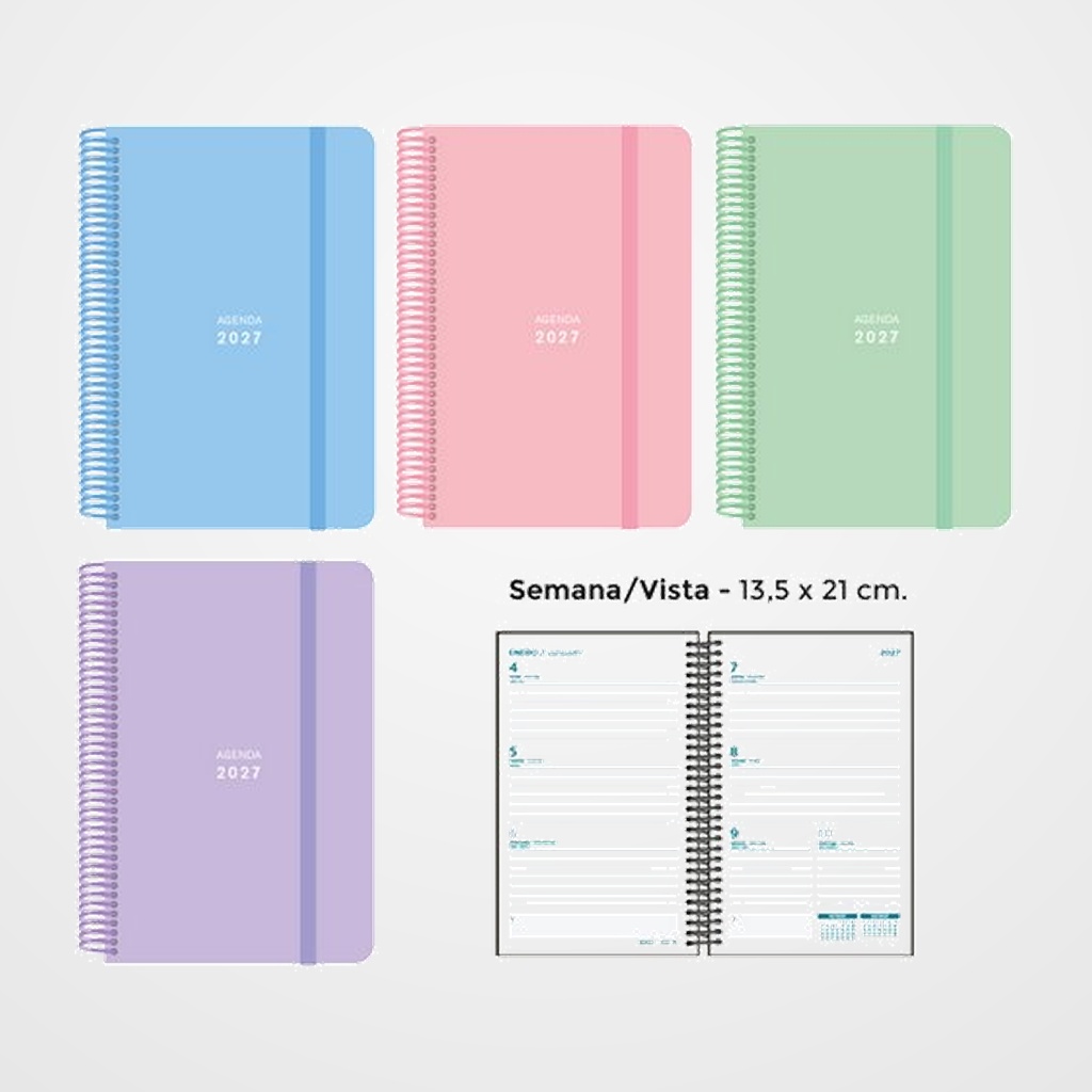 AGENDA ANUAL (2027) SENFORT PASTEL ESPIRAL tapa PP con GOMA 135x210 S/V SURTIDO DE 4