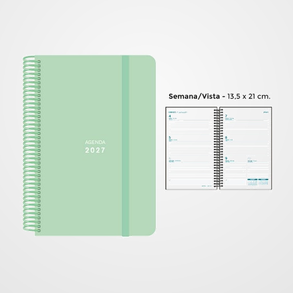AGENDA ANUAL (2027) SENFORT PASTEL ESPIRAL tapa PP con GOMA 135x210 S/V VERDE